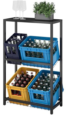 STEELSØN Montune Getränkekistenregal mit Ablage & Gitterhalterung - Stabiles & Platzsparendes Getränkeregal für 4 Kisten - Getränkekasten Ständer für Bier, Wasser & Obst - Kistenregal Schwarz Metall