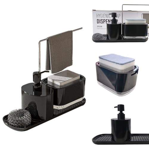 Spülmittelspender Küche Set,Spülbecken Organizer, Seifenspender Set,Waschmittel Wiederbefüllbar, mit Tablett und Schwammhalter und Lappenhalter, 5-in-1 Küchenspüle für Küchenspüle
