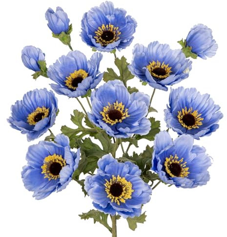 Hollyone Künstliche Mohnblumen für Heimdekoration, 3 Pcs Langstielige Realistische Künstliche Seidenblumen, Künstlicher Mohn für Küche Hochzeit Dekoration Blumenarrangement, Tischaufsteller (Blau)