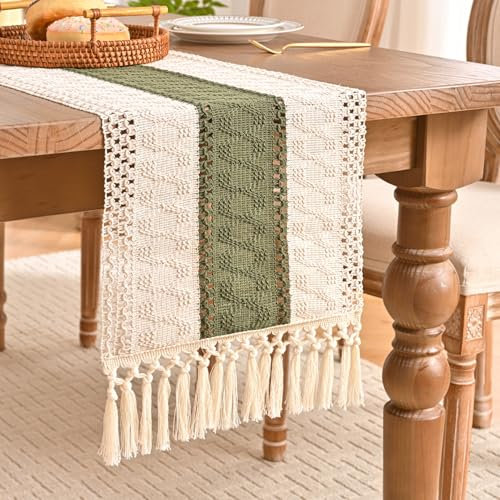 Aisybaklyn Tischläufer Grün Herbstdeko Hochzeitsdeko Rustikale Boho Table Runner Gehäkelte Tisch Läufer Retro Mit Quasten Tischlaufer für Rustikale Hochzeit Küchen Tabletop Tisch Deko, 30x180cm