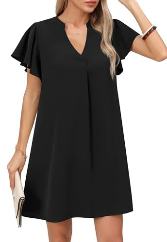 Missufe Damen Blusenkleid Hemdkleid Sommer Minikleid V-Ausschnitt Kurzarm Rüschen Freizeitkleid (Schwarz, Mittel)