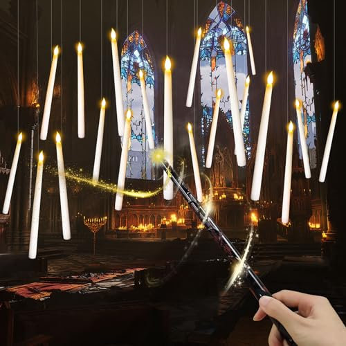 Hengrongshen Floating Candles, 20 Stück 28,2 cm Flackernde Schwebende Kerzen mit Har-ry Potter Zauberstab Fernbedienung, Har-ry Potter Kerzen & Zauberstab Fernbedienung für Halloween Dekoration