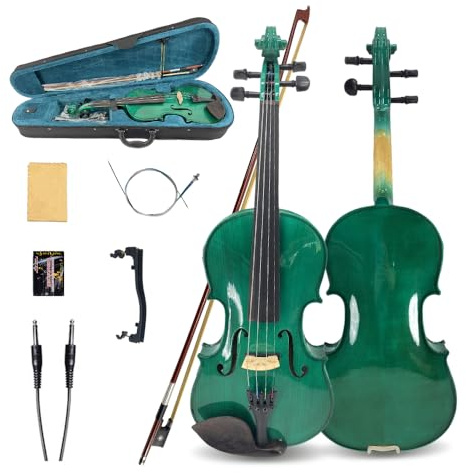Yinfente 4/4 violino elettrico e acustico full-size, 4 corde, abete d'acero per studenti, bambini, principianti, custodia rigida, arco in legno brasiliano, cavo, panno di pulizia (verde)