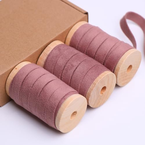 BYZANDQI Samtband 15m x 1cm Samt Dekoband Set mit Holzspule Schleifenband Schmuckband Geschenkband Weihnachten, 3er-Rolle (Roségold)