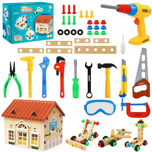 ANYCESO Kleinkind Mädchen Spielzeug STEM Spielzeug für Kinder Spielzeug, Kinder Werkzeug Set mit Spielbohrer und Werkzeugkasten, Haus, Schutzbrille für 3 4 5 6 7 Jahre alte Kleinkinder Kit (Brown)