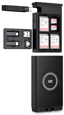 JJC SD Memory Card Reader Storage Case, 3-in-1 Portable Travel UHS-II SD MicroSD Cards Box Holder Type-C USB 3.1 Data Cable External Card Reader Adapter w USB C to USB Lighting OTG Adaptor Converter