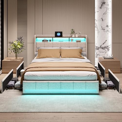 Lit Double Rembourré avec 4 Tiroirs et Tête de Lit de Rangement, en Lin, avec Éclairage LED et Charge USB (Beige, 140 x 200 cm)