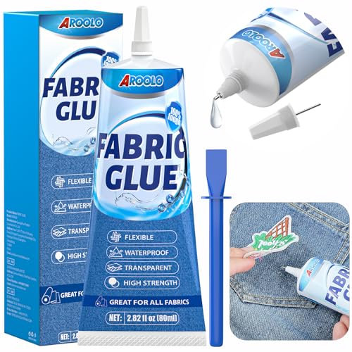 AROOLO 80ml Fabric Glue, Heavy Duty Permanent Washable Adhesive for Clothes & Patches, Waterproof Glue for Denim, Leather, Cotton, Flannel, Polyester, Crafts, Upholstery, Felt, Badges