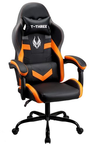 T-THREE.Ergonomic high-back gaming, computer, office, study, swivel, and racing-style chair with adjustable lumbar and headrest support, 150kg weight capacity, ideal for home office(Black)