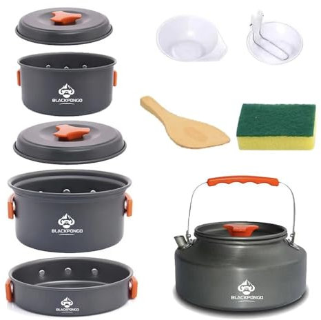 Blackpongo Camping Cookware Mess Kit for Backpacking Gear – Camping Cooking Set - Camping Pots and Pans Set - Camp Kitchen Equipment Accessories Pot (Orange)