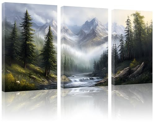 Lycosidae 3-Panel Canvas Wall Art Pictures - Misty Mountain Forest Landscape, for Living Room, Bedroom, Office, Hotel, Café, Home Decor 12×16inch