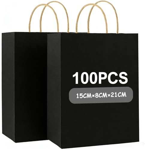 Gaoyong 100pcs Small Paper Bags 5.9x3.2x8.3 Inch Gift Bags Black | Party Bags Kraft Paper Bags With Twisted Handles for Wedding Birthday Party (130 GSM,Small Size)