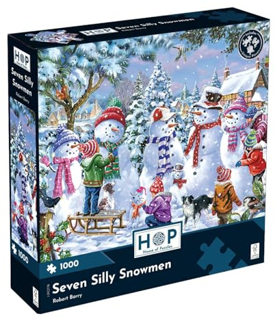 The House of Puzzles Seven Silly Snowmen, 1000 Piece Jigsaw | Christmas Winter Snow Scene, Artist Illustrated, Eco Friendly Board, Deluxe Puzzle Gift for Adults & Kids