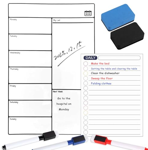 Wochenplaner Abwischbar, Wochenplaner Magnetisch, Magnettafel Kühlschrank 30×20cm, Wiederverwendbar, Leicht Löschbar, Tagesplaner 20×15cm, Mit Whiteboard-Marker und Löscher