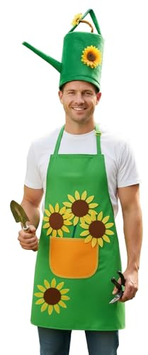 JadeLink Karneval Gärtner Kostüm Gärtnerschürze und Handtasche Gießkanne gärtner hut - Mit Sonnenblumen Applikationen für Damen und Herren, Fasching kostüme Accessorie