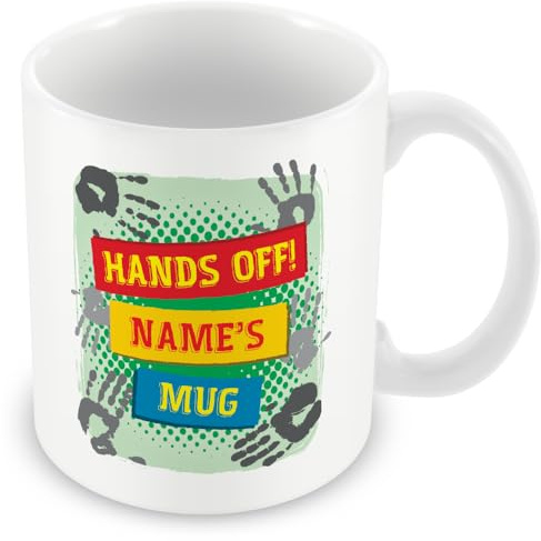 Personalised Hands Off Mug – Green Handprint Name Design – Funny Novelty | Funny mugs for men and funny mugs for women, plus personalised mugs, a work mug for coworkers & colleagues