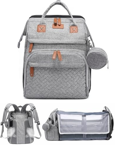 KENLUMO Sac à langer bébé, Sac à langer à dos portable, grande capacité, déperlant, tapis à langer inclus, porte tétine, pare-soleil,sangles intégrées poussette (Gris)