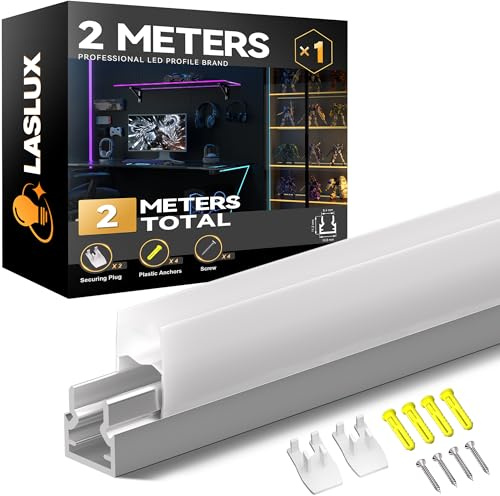 LASLUX LED Glaskantenbeleuchtung Vitrinenbeleuchtung–1x LED Aluminium Profil 2m Glasboden 6-8mm, Zuschneidbares U-Profil, Glasbodenbeleuchtung für Präsentationsregale, Vitrine, Bars, Bibliotheken