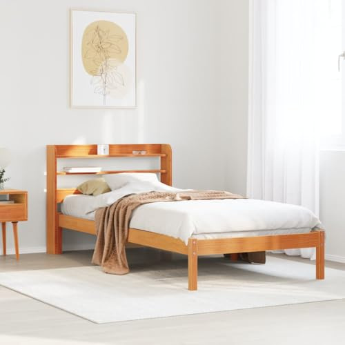 FWIKDUN Freistehendes Bett mit Kopfteil und Ablage 100x200 cm, Massivholzbett aus Kiefernholz ohne Matratze, Massives Kiefernbett mit Lattenrost, Massivholzbett mit praktischen Ablagen am