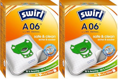 Swirl A 06 EcoPor Staubsaugerbeutel (4 Beutel), reißfeste Staubbeutel für einige AEG, Electrolux, Progress & Volta Staubsauger, 99,9% Filterung von Hausstaub & allergenem Feinstaub (Packung mit 2)