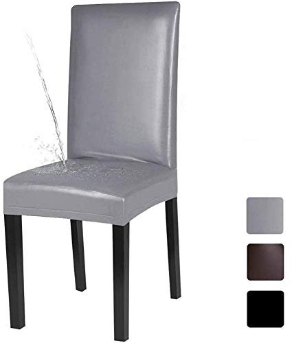 4er/6er Set Esszimmer Stuhlhussen, Wasserdichtes Pu Leder Stretch Stuhlüberzug Bi-elastische Spannbezug, Moderne Stuhl Abdeckung Für Esszimmer Dekor (Grau,6 PCS)