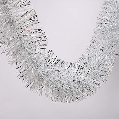 7,6 m lange Rolle, silberfarbene und weiße Lametta-Girlande, glänzende Metallic-Folie, Dekorationen für Halloween, Parade, Heiligabend, Silvesterpartys (10,2 cm x 6,5 m Rolle, Silber & Weiß)