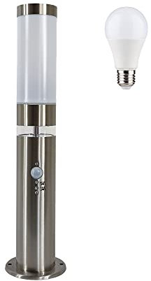 Dapo Edelstahl-Außen-Sockelleuchte LISA 3, Bewegungsmelder, Dämmerungssensor, inkl. LED E27, 1x5W, Grundlichtring 12x LEDs fest eingebaut, IP44