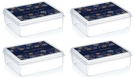 MiraHome Keksdosen 4er Set transparent mit Blue Christmas-Design 2,5L – Rechteckige Plätzchendosen – Ideal als Keksdose für Weihnachten – Plätzchendose für die Weihnachtszeit