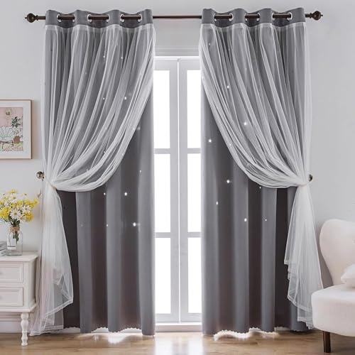 indistar Fenster-Verdunkelungsvorhänge mit Sternausschnitt, für Mädchen, Schlafzimmer, Fenster, Zimmer, Verdunkelungsvorhänge und Vorhänge, Babyzimmer-Vorhänge (2 Paneele, 132 x 213 cm, Grau)
