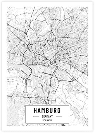Städteposter Hamburg in schwarz-weiß · Wandbild mit Stadtplan · DIN A2 (42x59,4cm) · als Dekoration oder Geschenkidee · Var. E