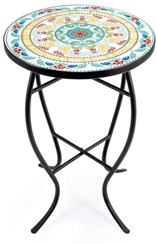 VONLUCE Mosaik-Beistelltisch und Pflanzenständer, 53.5 cm, runder Beistelltisch mit 36 cm Keramik-Fliesenplatte, Akzenttisch, für Terrasse, Bistro-Couchtisch für Haus und Garten (Grün&Orange)
