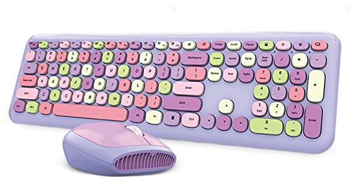Kabellose 2,4-G-Tastatur und Maus-Kombination, Bunte Runde Tastenkappen, Niedliche ästhetische Tastatur, 110 Tasten in Voller Größe, QWERTY-Schreibmaschinentastatur(Lila gemischt)