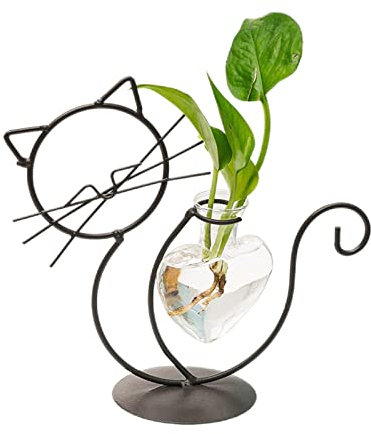 JFBUCF Pot de fleurs en verre avec support en métal, créatif en forme de cœur, pour terrarium, chat - Pour décoration de maison ou de bureau