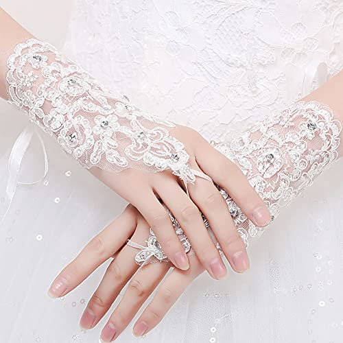 Carufin Gants de Mariage en Dentelle Courts Sans Doigts - Fleurs en Cristal pour Bal de Mariée - Accessoires de Costume de Fête pour Femmes et Filles (Blanc)