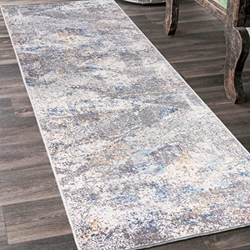 Mazovia Teppich Läufer Flur - Modern Teppichläufer – Kurzflor, Weich - für Vorzimmer Eingangsbereich Schlafzimmer Küche Korridor - Abstrakt Muster - 60 cm Breite Grau Blau 2 60 x 125 cm