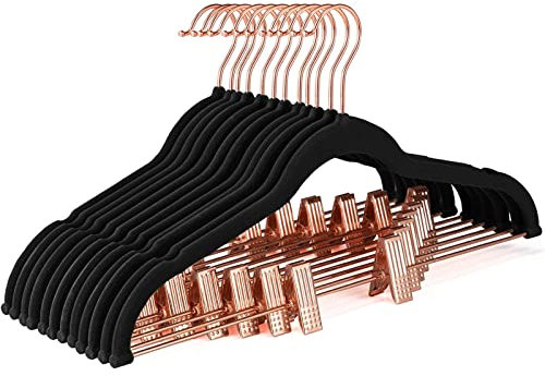 XIANGBINXUAN Perchas con Pinzas Perchas De Metal, Tiene Terciopelo/Gancho Cromado Giratorio De 360 Grados/Ranuras En Los Hombros Ajuste Antideslizante para Pantalones Chaqueta Vestir (Black)