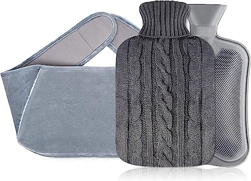 Selizo 2L Wärmflasche mit Bezug Wärmflaschengürtel,3 in 1 Groß Wärmeflasche aus Gummi Set Weichem Plüsch Hand Taillenwärmer Abdeckung für Nacken und Schulter, Rücken, Beine, Taillenwärmung