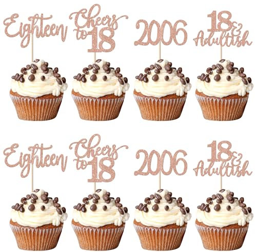 24 Stück 18. Geburtstag Cupcake Toppers Glitter Eighteen seit 2007 Adultish 18 Cupcake Picks Hallo 18 Jahre Geburtstagskuchen Dekorationen für alles Gute zum 18. Geburtstag Jubiläum Party Roségold