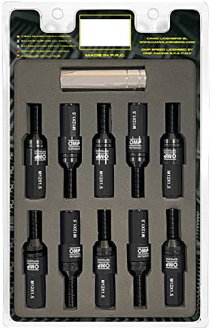 OMP SPEED Set 20 Radschrauben schwarz mit metrischer M14X1,5 Schlüssel 17-19 lang Gewinde 28 mm mit schwarzem Aluminium 7075 + DIN 12,9