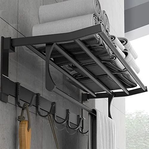 90 Degree Folding Towel Rail with 5 Hooks Wall Mounted 22.8 Inch Black Towel Rack Steel Bathroom Storage Shelf with Multi Towel Bar Towel Holder Brushed Rails Bathroom Hotel Kitchen