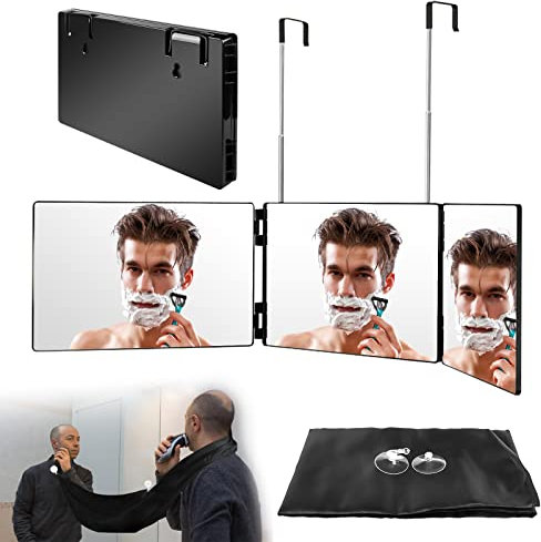 Miroir à 360 degrés à suspendre avec tablier – 3 voies avec supports, pliable pour couper les cheveux, cosmétique réglable
