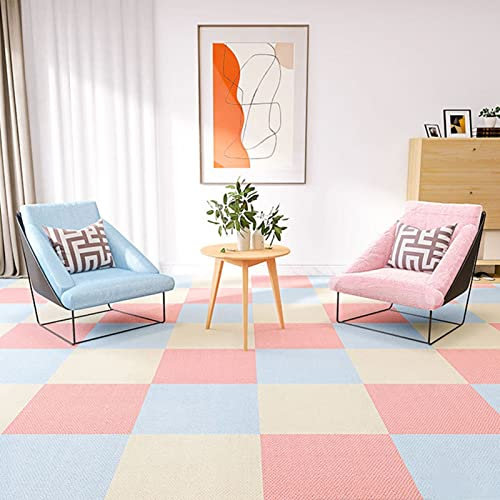 24 Fliesen Für Den Wohnbereich,weiche Teppichfliese,Selbstklebende Teppichfliese,abziehen Und Aufkleben,maschinenwaschbar,20x20(Color:Weiß+Rosa+Blau)