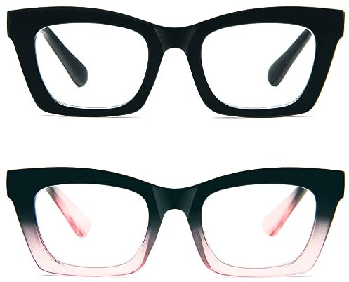 Kodilin 2 Pacco Occhiali da Lettura Vintage Oversize Square Frame Grande Retrò Quadrati Rettangolar Anti Luce Blu per Donna Cerniera a molla Nero+Nero Rosa 2.0