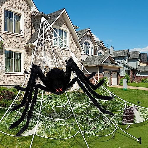 AMLOOPH Halloween Deko Outdoor Garten Gruselig Spinnennetz Groß Dekoration Set, Spinnennetz Halloween Deko 7m + Riesen Halloween Spinne 2m +30mini Spinne +60g Spinnenweben Deko Halloween Party Draußen