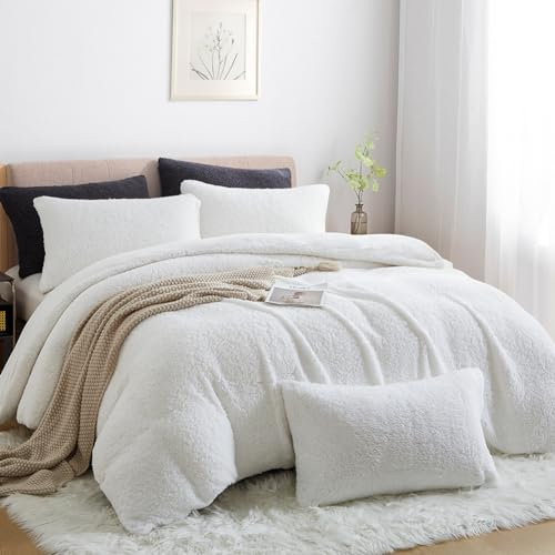 Nayoroom Sherpa Fleece Bettwäsche Set 135x200 Weiß Winter Warme Cashmere Touch Bettbezug Super Weich Flauschig Flanell Winterbettwäsche mit Reißverschluss Kissenbezug 80x80 cm