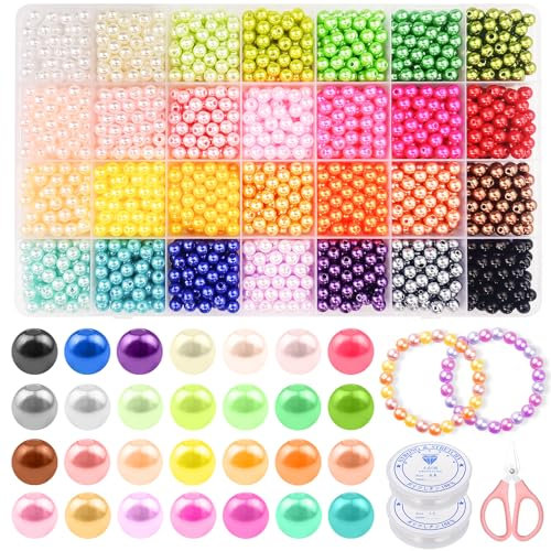 CoKeeSun 2100 Pièces 28 Couleur Perles pour Bracelet,6 mm Perles de Rocaille en Verre avec 2 Cordon Elastique et 1 Ciseaux,pour Creation Bijoux pour Adulte et Enfant