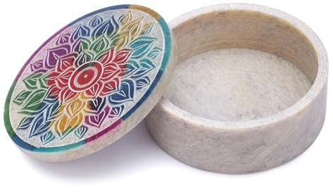 Ajuny Handgefertigte kleine runde dekorative Box aus Marmor-Speckstein mit Mandala-Schnitzereien, vielseitig einsetzbar als Schmuckaufbewahrung, Ringhalter, Schmuckhalter, Heimdekoration, 3x3x1,2 Zoll