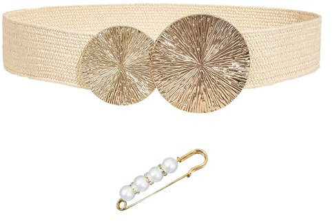 NyxSeat - Cinturón redondo grande y pequeño, color crema, aguja de diamante, cinturón elástico de moda e informal para mujer, adecuado para faldas, crema, Talla única