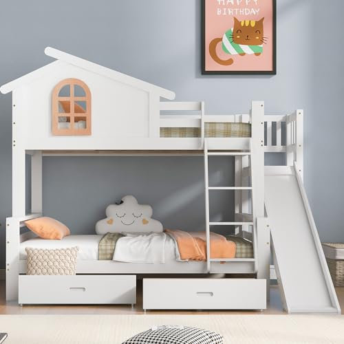 Etagenbett mit charakteristischen Fenstern und vierstufiger Kipptreppe, Kinder und Mutterbett mit mit Rutsche, Bettrahmen aus Massivholz, Weiß, 90x200cm & 120x200cm (Etagenbett + 2 Schubladen)