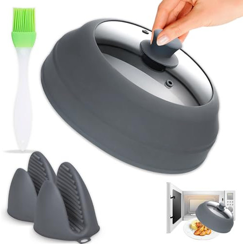 Magnetic Collapsible Microwave Cover - Large 11.8 Tempered Glass & Silicone Lid, Heat Resistant, Splatter Guard with Easy-Grip Handle - Grey